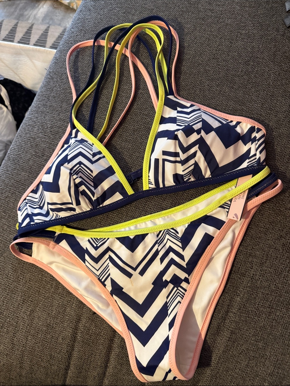 Victoria's Secret Women’s Navy Chevron Strappy Bikini with Pink & Neon Trim